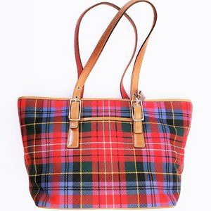 Coach Red & Green Tartan Tan Leather Handbag w/Tag